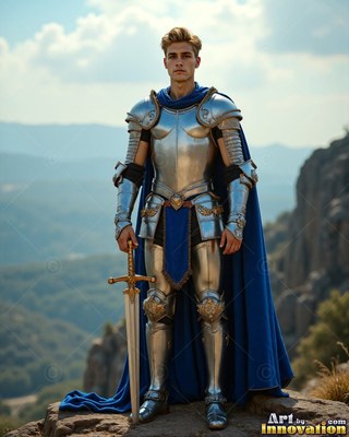 On a rocky cliff, a young yellow-haired man stands in silver plate armor with a cape colored blue
