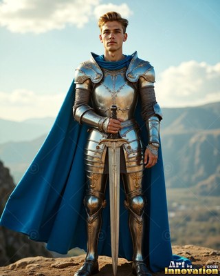 Standing on a hill, a young man holds a sword in shiny steel armor and a cape colored blue