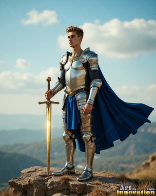 A young armor-clad man in steel holds a sword on a cliff