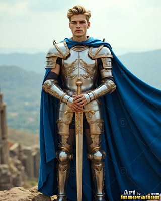 A blue cape drapes behind a young blond man in steel armor holding a sword outside
