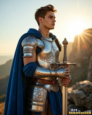 A young man wearing steel armor grasps a sword while warm sunset light shines behind him