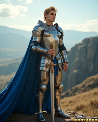Standing on a hill, a fair-haired man in silver plate armor and a blue cape grasps a sword