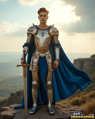 A young man in a suit of steel armor and a long cape colored blue holds a sword outdoors