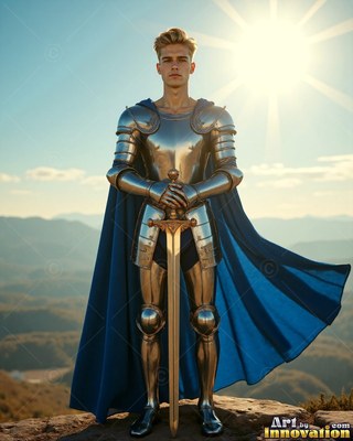 On a sunny hilltop, a young man in shiny armor grips a sword with a blue cape