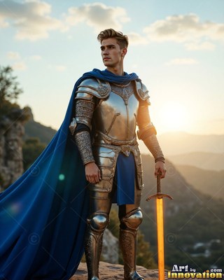 Holding a bright sword, a young armor-clad man in steel stands in a blue cape at sunset
