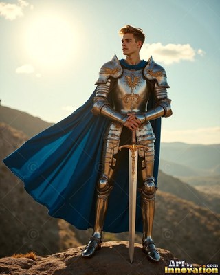 A young man dressed in steel armor and a bright blue cape grasps a sword outdoors