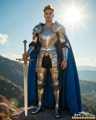 Dressed in shining silver armor and a bright cape in blue, a young man has a sword in hand on a sunny hill