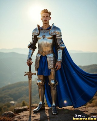 A steel-clad young man armor stands on a hilltop holding a sword, wearing a bright cape colored blue