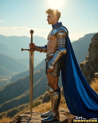 Standing in profile on a mountain ledge, a young man holds a sword in blue cloak