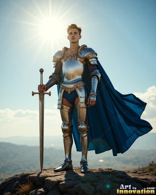 A young man dressed in steel armor holds a sword on a sunlit hill in a cape in blue