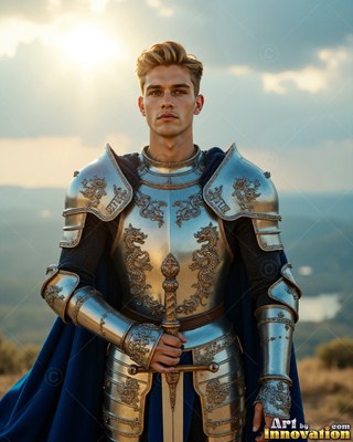 On a sunlit hilltop, a young yellow-haired man stands in steel armor with a blue cape
