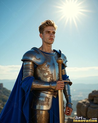 Holding a sword under bright sun, a blond-haired man stands in steel armor and a bright blue cloak