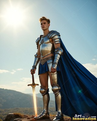 A young man in a suit of steel armor stands outdoors with a sword