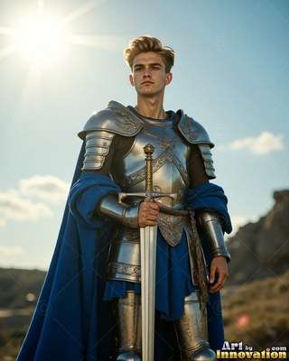 Dressed in steel plate armor with a blue cloak, a young man holds a sword on a sunny hill