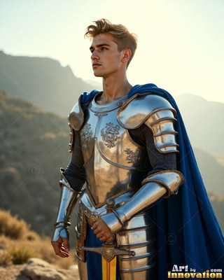 A young man stands in steel armor and a cape in blue, with warm sunlight on his polished chestplate