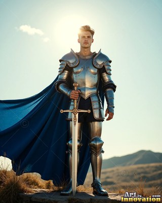 Standing full length on a sunny hill, a man in steel armor holds a sword