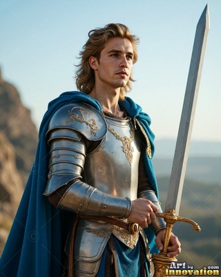 A young man dressed in steel armor and a bright blue cloak grips a sword outdoors