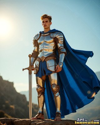 On a sunlit cliff, a young silver-clad man armor stands holding a sword