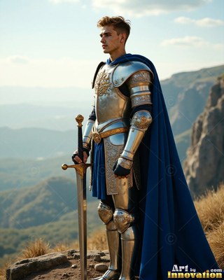 Standing on a hill, a young armor-clad man in steel rests his hand on a sword