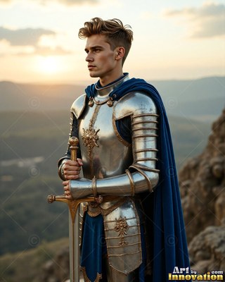 A steel-clad young man armor carries a sword on a hill at sunset