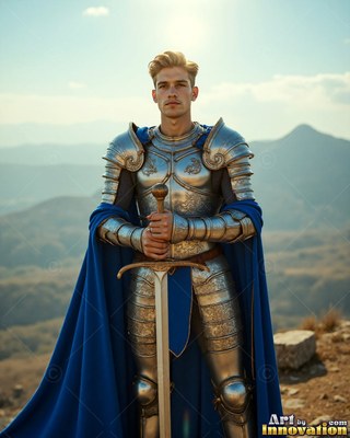 Draped in a bright cape in blue, a blond man wearing silver plate armor rests on a sword outside in the hills