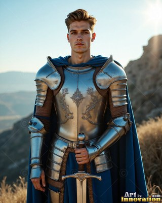 A young man in steel armor holds his sword outdoors under bright sunlight