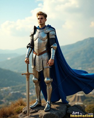 Standing tall on a rocky hill, a young man in steel armor holds a sword by his side