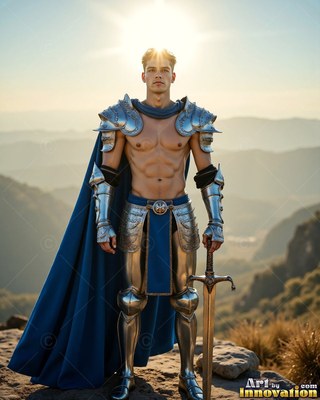 A shirtless man in shining silver armor and a cape in blue holds a sword on a mountain peak