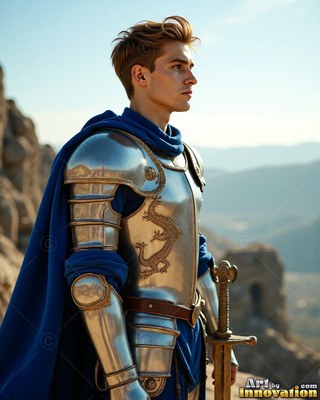On a rocky hilltop, a young man stands in steel armor and a cape colored blue