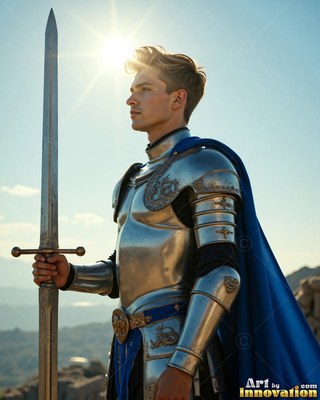 Holding a long sword upright, a young man in steel armor stands under the bright sun