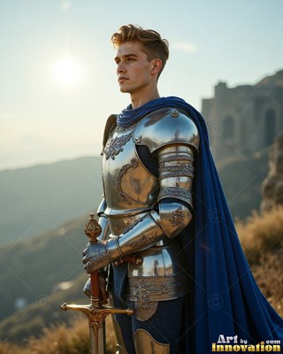 Young man in shiny plate armor with a cape colored blue outdoors holding a sword
