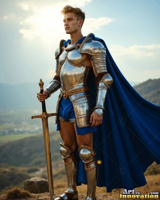 Wearing a long blue cape on a sunny hill, a young man dressed in silver armor holds his sword