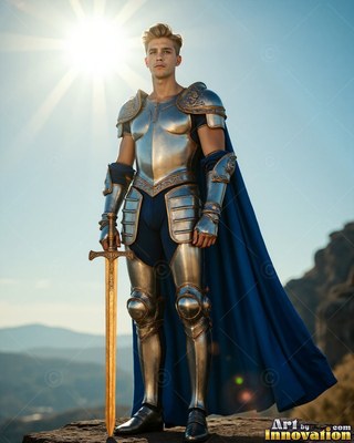 A young armor-clad man in steel has a sword in hand on a cliff, bright sunlight shining behind him