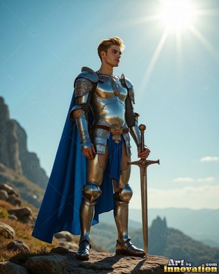 Standing on a sunny hilltop, a young man wears steel armor alongside a blue cape