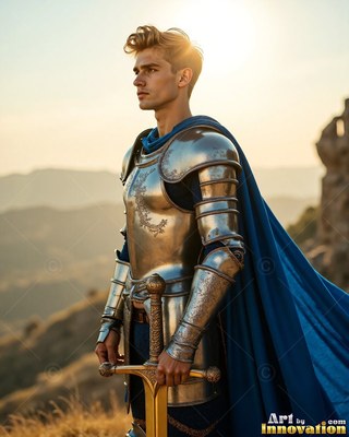 A young man in steel armor alongside a cape in blue has a sword in hand outdoors at sunset