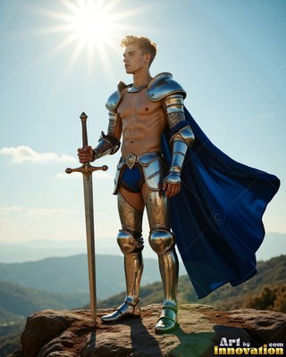 On a sunny mountain peak, a man dressed in a suit of silver armor and a blue cape grasps a sword