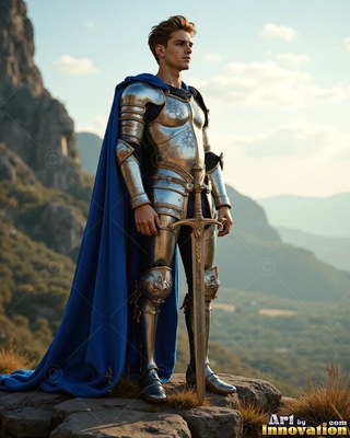 Standing on a rocky peak, a steel-clad young man armor plus a cape in blue leans on his sword