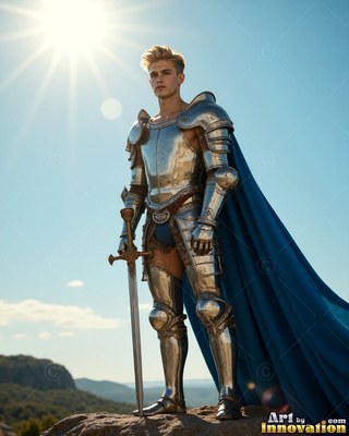 A blond man in plate armor stands with a sword in the bright sun
