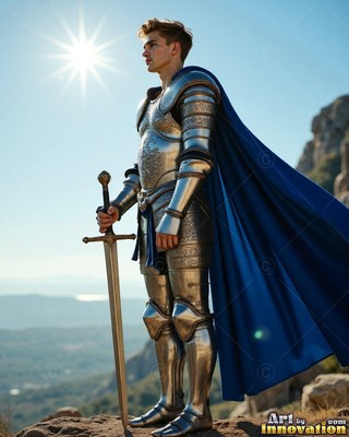 A cape in blue flows behind a young man in steel armor standing on a rocky hill under the sun