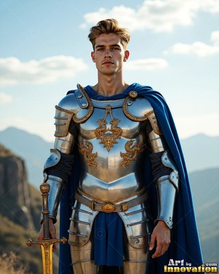 A young man wearing steel armor stands holding a sword under warm afternoon sun