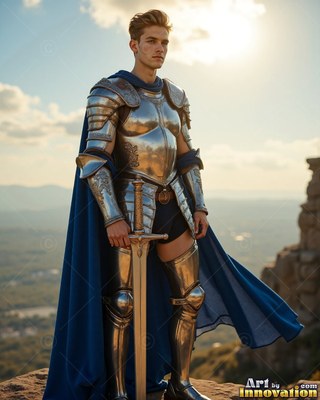Standing on a sunlit hilltop, a young man in a suit of steel armor holds his sword