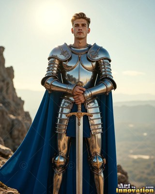A young man dressed in steel plate armor stands on a cliff with a sword and cape colored blue