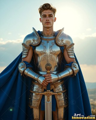 Under a pale sky, a young man in shining silver armor and a bright cape in blue holds a sword