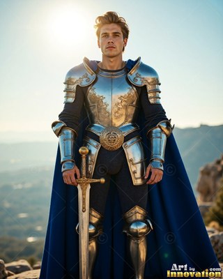 Holding a sword, a young man stands in steel plate armor with a cape in blue outdoors