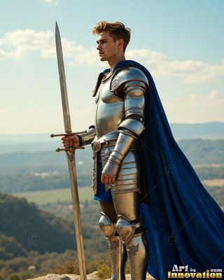 A young man dressed in steel armor holds a sword on a hill