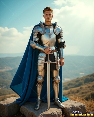 In a bright blue cape, a young man covered in silver plate armor has a sword in hand on a rocky hill
