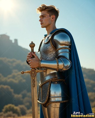 A young man in shiny plate armor grips a sword while bright sunlight shines on him