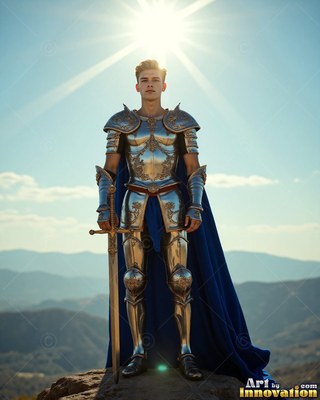Standing tall outdoors, a young man in plate armor holds a sword under the bright sun
