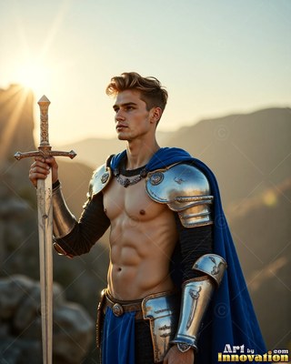A shirtless young man in armor holds an upright sword on a sunny hill