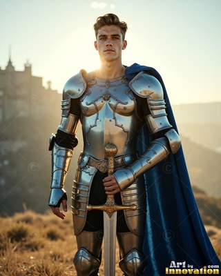 On a grassy hill, a young armor-clad man in steel rests both hands on his sword